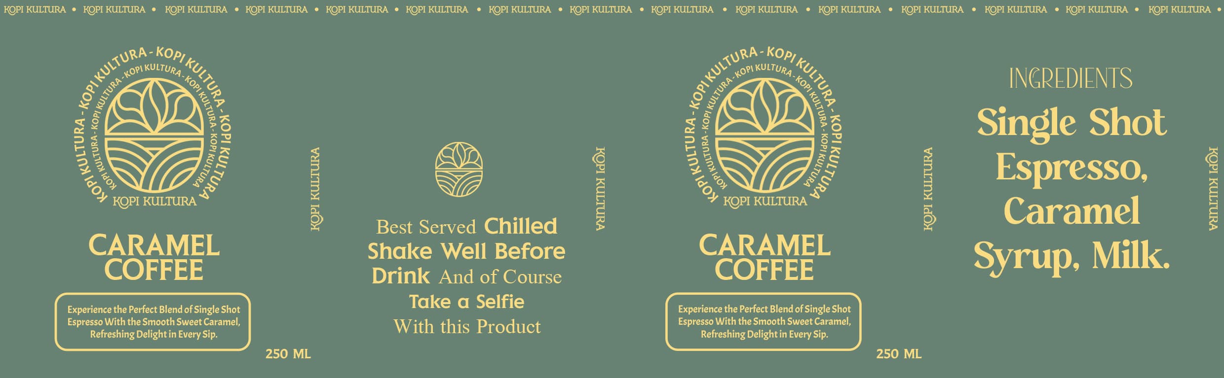 Desain label kaleng Kopi Kultura — Caramel Coffee, colorway sage