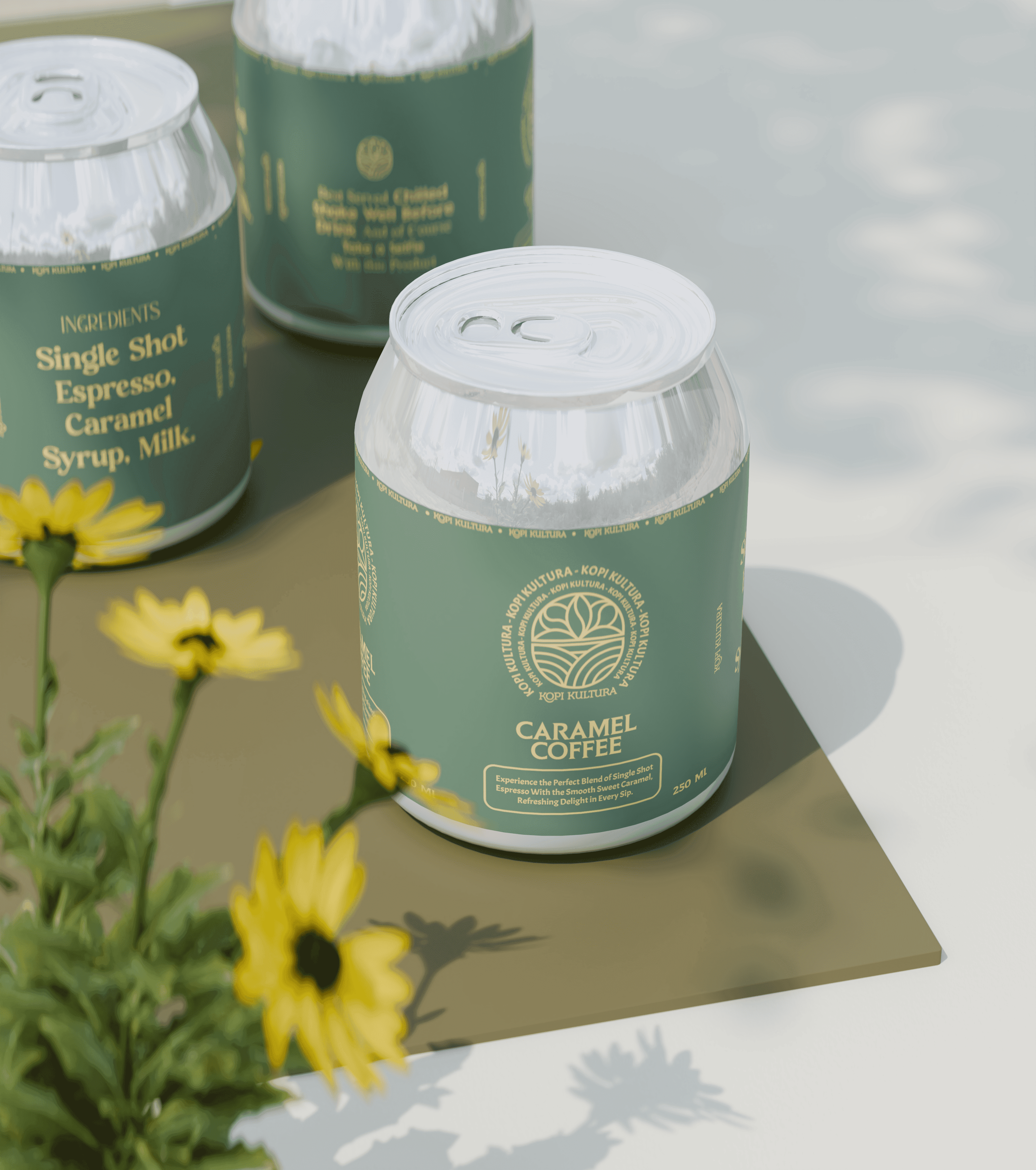 Lifestyle shot canned coffee Kopi Kultura dengan bunga daisy