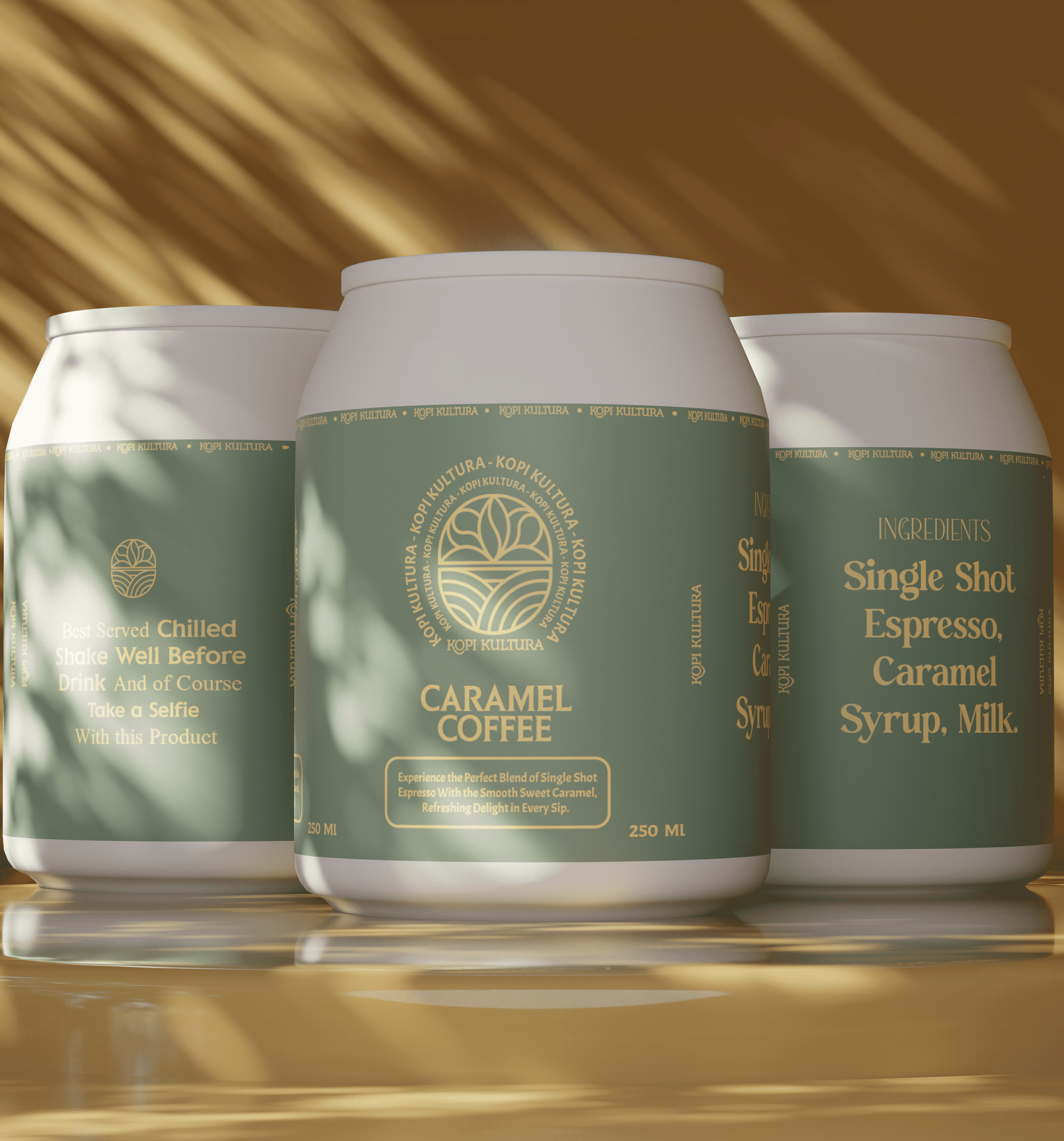 Sorotan utama packaging canned coffee Kopi Kultura — tiga kaleng Caramel Coffee